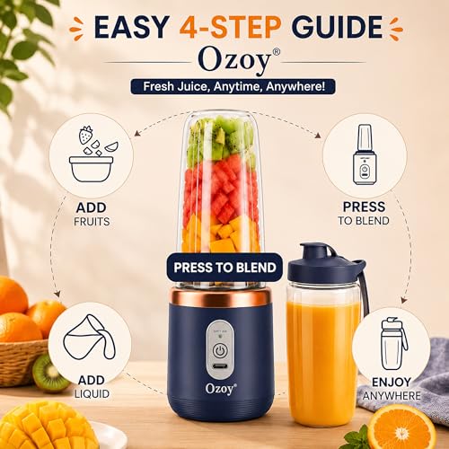 Image of Juicer for Home ^ CITRODA Juicer Mixer Grinder with 1500mAh Battery, 6 Blades 3Gears Fast Blending, 2-Jar Capacity (400ml*2) | 40 Watts Bullet Rechargeable Portable Personal Juicer (Navyblue)