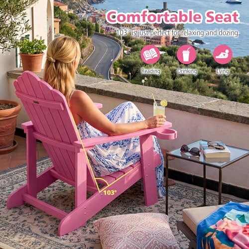 Image of Tangkula Oversized Adirondack Chair, Patio Lounge Chairs w /Adjustable Cup Holder, HIPS Armchairs Slatted Chair, Outdoor Weather Resistant Fire Pit Chair for Deck Backyard Garden Porch (1, Pink)