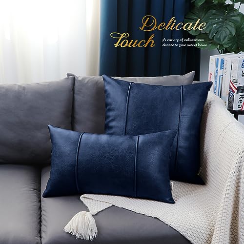 Image of BRAWARM Navy Blue Leather Throw Pillow Covers 12 X 20 Inches - Faux Leather Lumbar Pillow Cover with Piping, Hand Stitched Leather Throw Pillow for Couch Sofa Bed Living Room Home Decorative