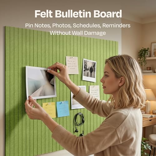 Image of X-Large Cork Board Alternative 12-Pack Felt Bulletin Board Thick and Decorative Pin Board for Home Office Walls 47.24 x 35.43 Inches with 72 Adhesive Tabs - [Gin Green]
