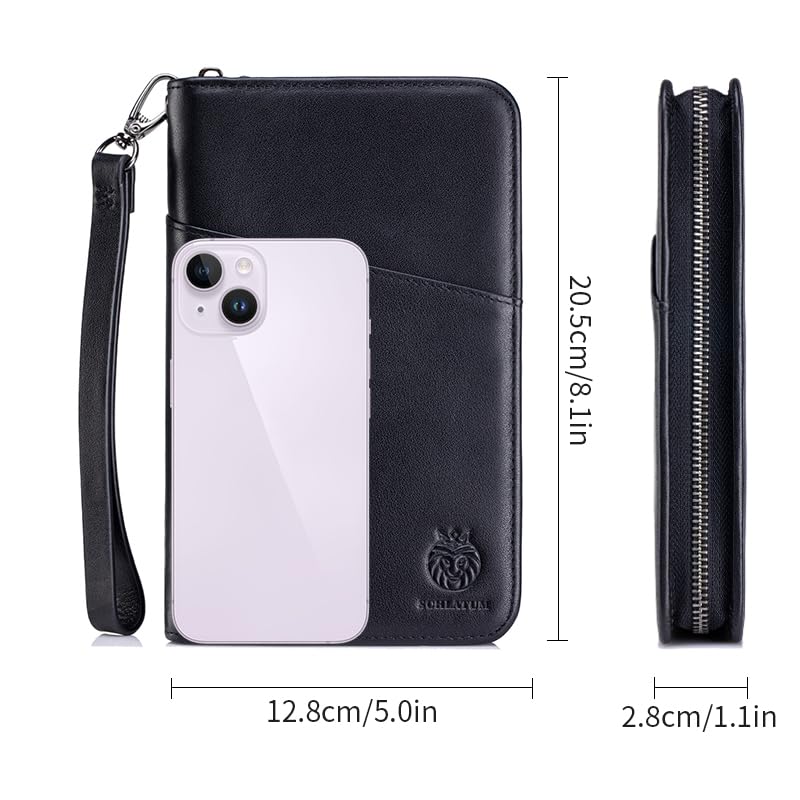 Image of Passport Holder for Travel Family with Strap Genuine Leather RFID Blocking Travel Document Organizer Wallet with Pen Holder, Black