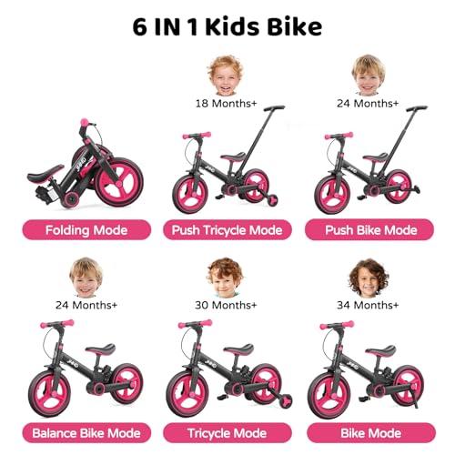 Image of JMMD 6 in 1 Toddler Bike with Push Handle for Kids 18-60 Months, 12 inch Foldable Balance Bike with Training Wheels, Pedals, Brakes, Kickstand, Push Tricycle Toddler Gift & Toys for Boy & Girl