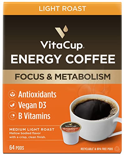 Vitacup Light Roast Coffee Pods With Vitamin B1, B5, B6, B9, B12 & D3 Infused For Energy & Metabolism In Recyclable Single Serve Pod Compatible With K-Cup Brewers Including Keurig 2.0, 64 Count #TOP7