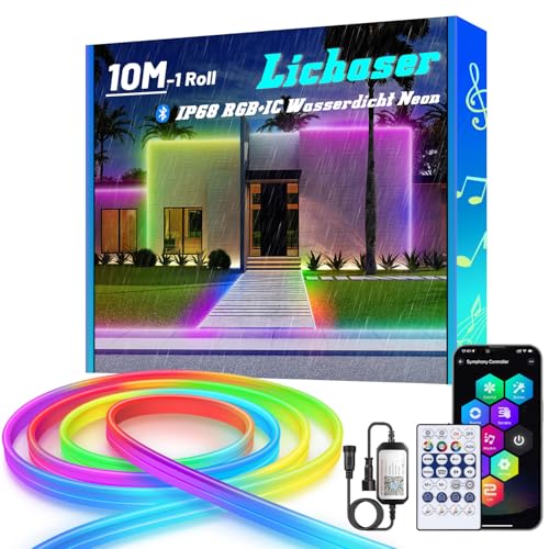 Lichaser RGB+IC Ruban LED Neon, IP68 Bluetooth Neon LED Exterieur Etanche avec Smart APP, 24V DIY Flexible Silikon Néon Ruban led exterieur pour Balcon, Pavillon, Fête, Jardin, Festival (10M)