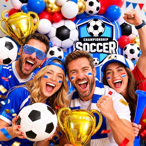 Image of Soccer Party Decorations 161Pcs, World Soccer Balloon Garland Arch Kit with 18'' Football Foil Balloons, Blue Red White Football Print Balloons for Boys Sports Fan Birthday Soccer Party Decor
