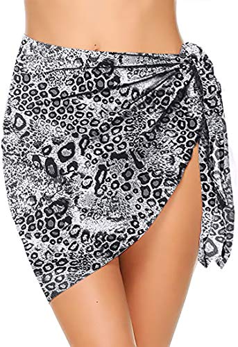 FINOCEANS Women's Summer Sarong Coverups Beach Wrap Short Bikini Sheer Pareo Swimsuit Skirt Leopard Grey