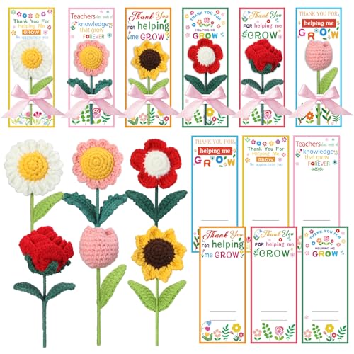 FineCheer 12 Set Back to School Teacher Appreciation Gifts for Women Thank You for Helping Me Grow Crochet Flower First Day of School Teacher Favor Thank You Card Handmade Knitted Flowers Bouquet Gift