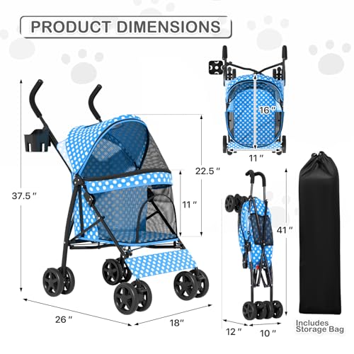 Image of MoNiBloom 4 Wheels Pet Stroller, Easy-Fold Umbrella Shaped Dog Cat Jogger Stroller w /Storage Bag & Visible Mesh for Small /Medium Dogs Cats Sky Blue Polka Dots