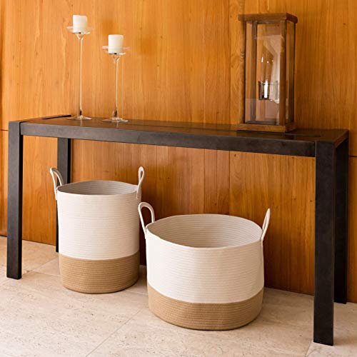 Image of OrganiHaus XXL Cotton Rope Basket | Wide 20 inch x 13.3 inch Blanket Storage Basket with Long Handles | Decorative Clothes Hamper Basket | Extra Large Baskets (Wide (20 inchx13.3 inch), Off-White /Honey)
