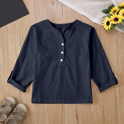 Girls Cotton Linen Shirts Summer Blouse Long Sleeve Kids Unisex Lightweight Henley Tops T Shirt Loose Fit with Pocket2