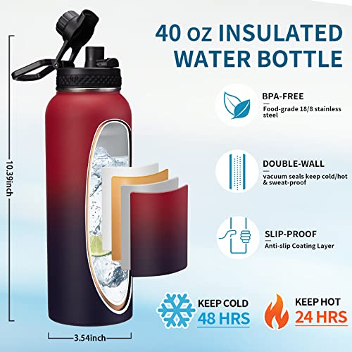 40 Oz Insulated Water Bottles With Straw Lid, Stainless Steel Water Bottle For Men Women, Wide Mouth Water Flask Sports Hydro Jug With Shoulder Carrier Bag, Paracord Handle, Straw & Spout Lids #TOP1