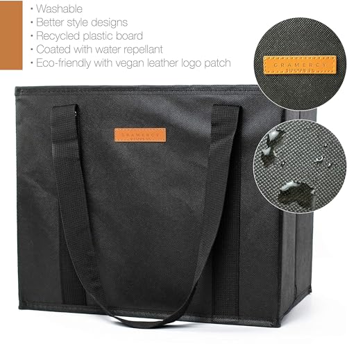 Gramercy Premium Large Reusable Grocery Bags, Heavy Duty 4 Pack – Foldable Shopping Tote Bags With Handles, Washable and Reinforced With Thick Bottom and Sides (Black, 4pcs) - Thumbnail 3