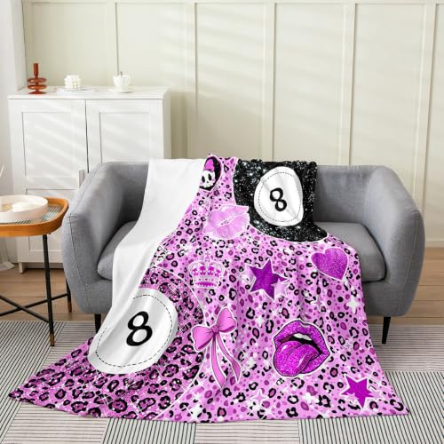 jejeloiu Purple Leopard 8 Ball Flannel Blanket Plush Fuzzy Leopard Print Fleece Throw Blanket for Boys Girls Lips Stars Bows Print Plush Lightweight Sofa Throw 40"x50" for Bed Couch Chair Living Room