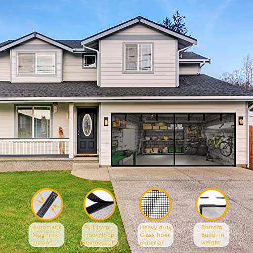 Fiberglass Magnetic Garage Screen Door - Double 16X7Ft (2 Car) Hands Free Mesh Screen Door，Diy Retractable Garage Door Screen With 6 Roll Up Starps (Fit 16 Ft W * 7 Ft H-A) #TOP4