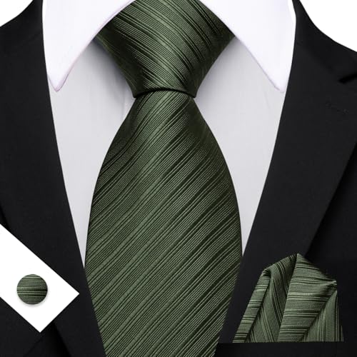 Image of Barry.Wang Solid Striped Tie for Men Silk Necktie Pocket Square Cufflinks Formal Wedding Party Business