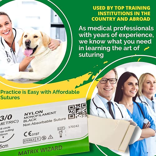 3-0 Sterile Sutures Thread with Needle (Black Monofilament) - Medical and Nursing Student's Surgical Practice Suture Kit, Training with Stitching Pad, First Aid Field Emergency Demo, Vet Use