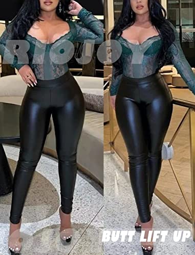 Riojoy Womens Sexy Leather Leggings Pu High Waist Butt Lifting Pleather Pants Stretchy Faux Leather Tights Push Up (A-Class Matt Black,Xl) #TOP1