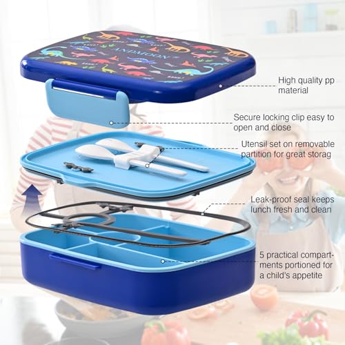 Image of Bento Box for Kids Lunch Box Leak-Proof, Bento Lunch Box with 5 Compartments, Lunch Containers with 3 Silicone Baking Cups, Microwave /Dishwasher Safe (43OZ) (Blue with snack cup)
