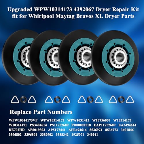 Upgraded WPW10314173 W10314173 W10314171 Dryer Roller fit for Maytag Bravo Centennial MCT Whirlpool Duet Cabrio Kenmore Elite HE3 Dryers Parts W10314171 8536973 8536974 AP6019303 PS11752609 LUXRILIX