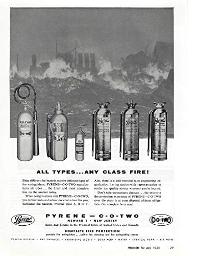 1955 Original Magazine Print Ad #1 Pyrene CO2 Fire Extinguishers Dry Chem