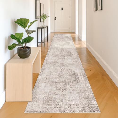 Hazo Haus Non Slip 10ft Long Hallway Runner Rug - Beige Brown 2 x 10 Runner Rug, Washable & Waterproof 2x10 Kitchen Floor Mat - Modern Abstract Design Décor, Distressed Design