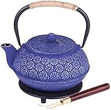 34 Ounce Floral Design Japanese Style Cast Iron Teapot With Thickened Glass Enamel and Stainless Steel Infuser, With Trivet  Wood Lid Holder