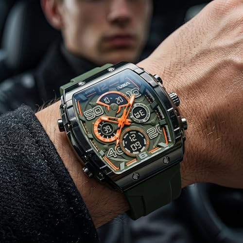 Image of V2A Impact-AXON 3103 Analog-Digital Watch for Men | Unique Tonneau Case & Multi-Layered Dial Design | Bold Fashion Performance Watch with 3 Time Zones, Countdown, 50M Water Resistance & Backlight