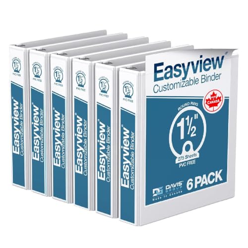 Easyview 3-Ring Binder, Clear-View Cover, 1.5" Round Rings, White, 6 Pack