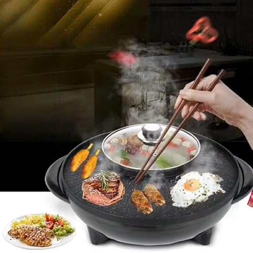 LIVIA ゃぶロースト一体型ポット大容量しゃぶしゃぶ鍋 電気加熱ポット 多種類の味を同時に楽しめる 麦?石??機 一体式分離式電煎?鍋家庭用 (ブラック)