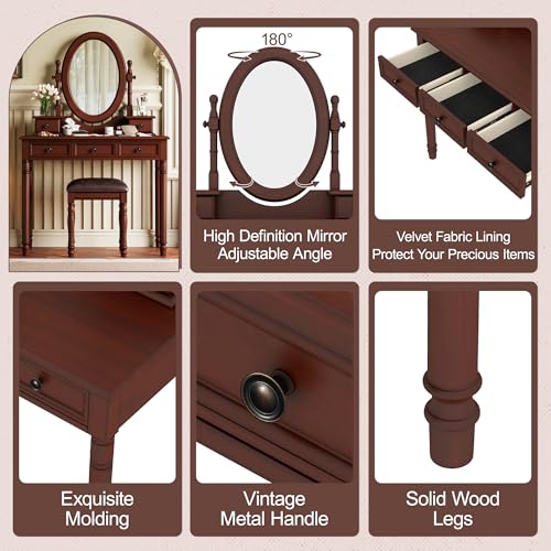 Image of JIVOIT Vintage Vanity Makeup Table and Cushioned Stool Set, Vanity Desk with Adjustable Angle Mirror, Velvet Fabric Lining 5 Drawers, Wooden Dressing Table Set for Bedroom (Walnut / /81)