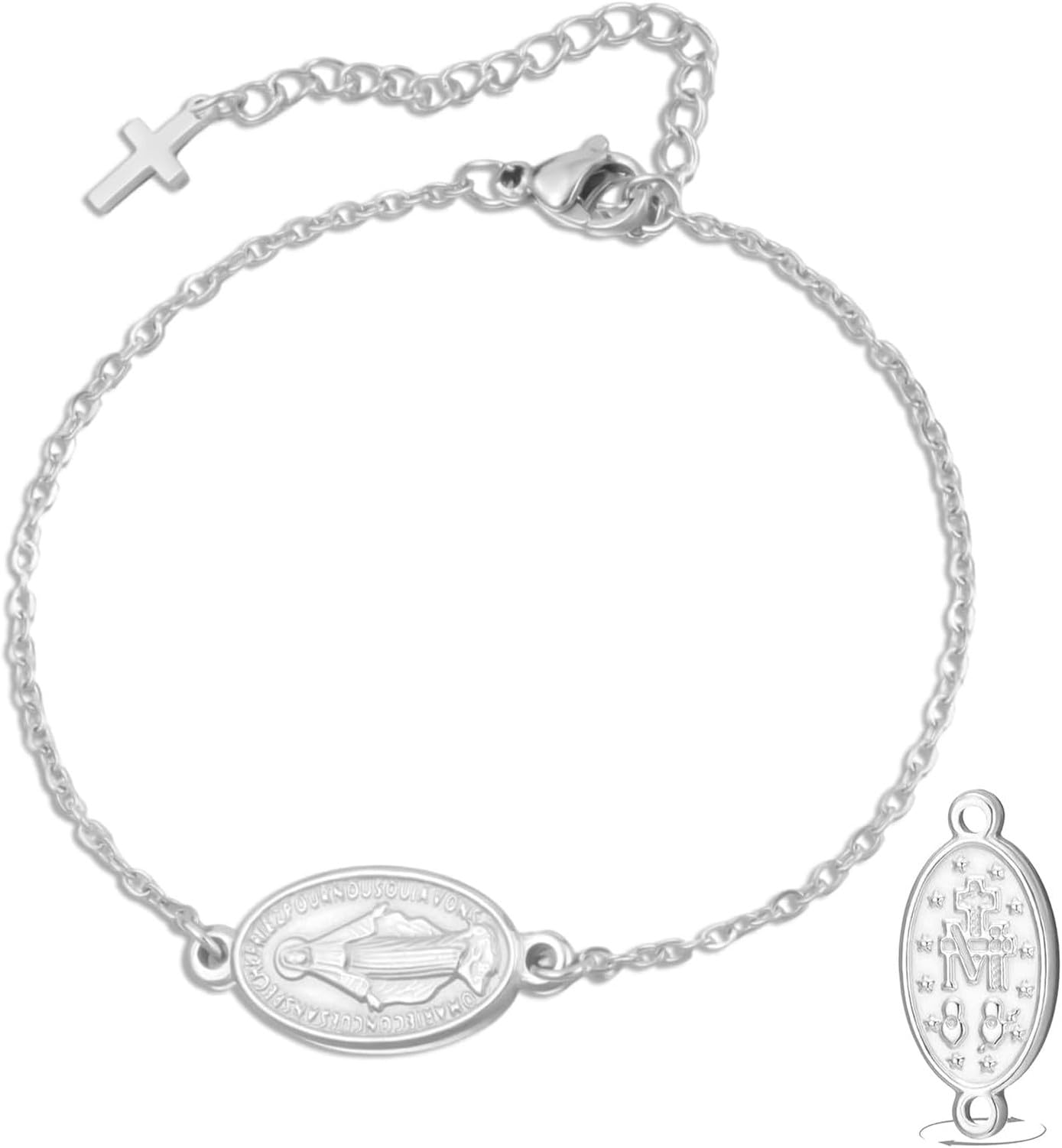 Wuufake Dispositivo portátil: pulsera doble cara con medalla de la Virgen de Guadalupe para hombre, cordón trenzado artesanal, joyería católica cristiana religiosa arte, silver 9