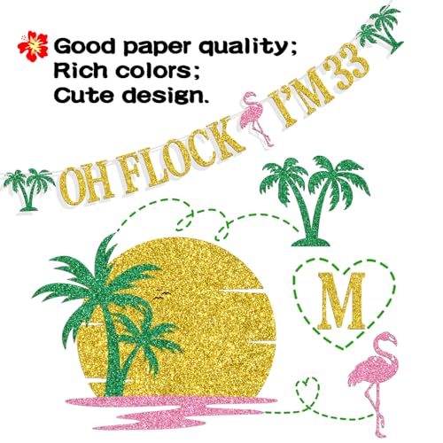 Image of Oh Flock I'm 33 Banner, Glitter Happy 33rd Birthday Anniversary Party Decorations, Pineapple Party Decor, Hawaiian Luau Tropical Aloha 33 Theme Party Photo Props