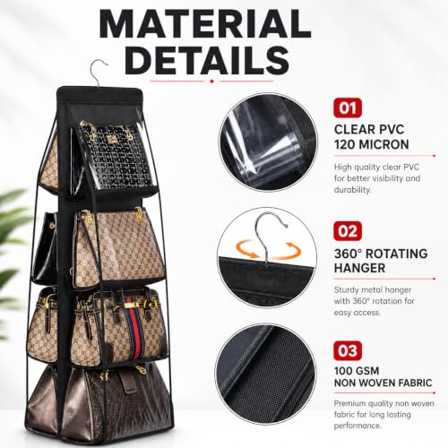 Image of Hanging Organiser, 8 Pocket Handbag Purse Organizer for Closet & Wardrobe, Foldable Washable Storage with Clear PVC Pockets, Black (110x35x35 cm)