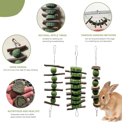 Rabbits Chew Toys, Rabbit Treats, Pet Boredom Breakers, 3 Pcs Natural Wooden Toys, Apple Wood Timothy Hay Sticks Treating for Hamster Guinea Pigs Chinchillas Gerbils - Image 3