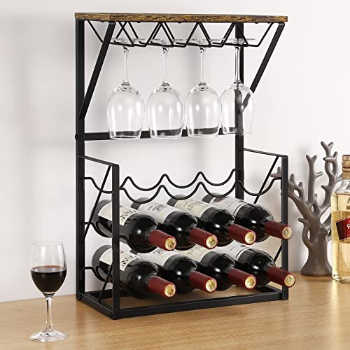 smusei Wine Racks Countertop Wine Rack with Glass Holder Wine Holder Stand 12 Bottles with 8 Glasses Storage for Pantry Cabinet Floor