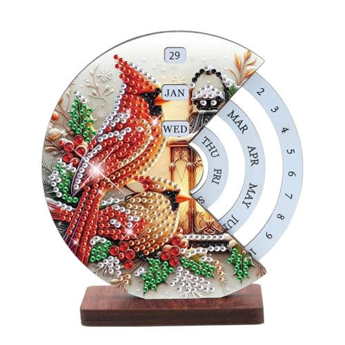 Image of AiYuanzsh Diamond Art Tabletop Perpetual Calendar, 3D DIY Wooden Desk Ornament with Red Cardinal Bird Design, Sparkling Diamond Painting Kit for Christmas Desktop Decoration