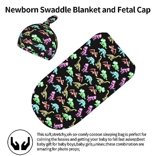 Image of Neon Dinosaurs Newborn Swaddle Blanket with Hat Sets Newborn Receiving Blanket for Boy Girl Swaddle Sack Shower Infant Gift