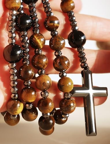 Rosary Necklace for Men,Natural Stone Cross Necklace,Handmade Catholic Rosary Beads with Tiger Eye,Lava Rocks,Obsidian & Hematite for Prayer and Meditation,29 Inches,Ideal Gift3