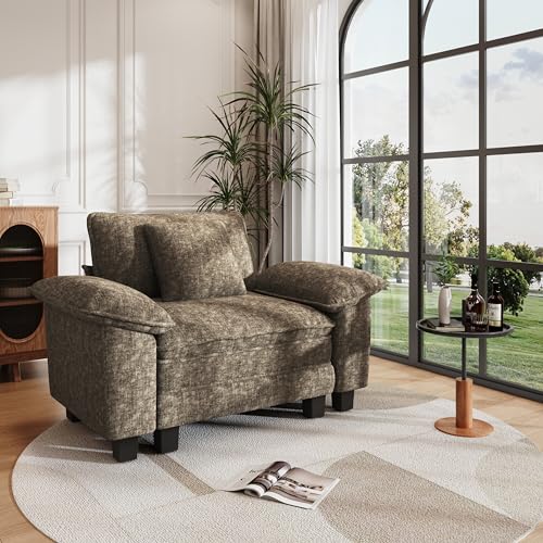 Image of PHI VILLA Oversized Single Sofa with Deep Seat, Armchair for Small Spaces Bedroom Reading Modern, 1 Seater Comfy Reading Accent Chair, Chenille Grayish Brown