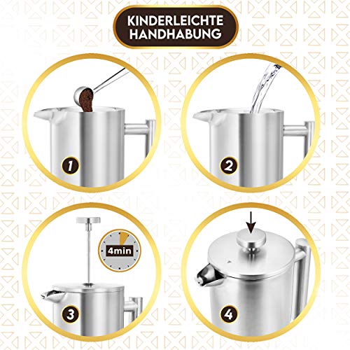 praxxim French Press Edelstahl 1L – Stabiler Kaffeezubereiter für Zuhause, Reisen, Camping – Doppelwandige Kaffeepresse… – Bild 3
