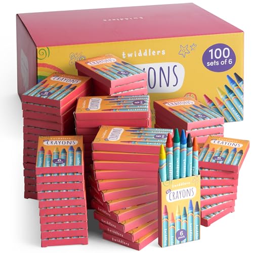 THE TWIDDLERS - 100 Cajas de Crayones de Cera, 600 Total, 6 colores por Caja - Crayón de Cera para los Niños, Perfecto para Aulas, Relleno de Bolsas de Fiesta, Artes y Manualidades, Restaurantes