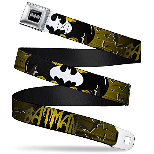 Buckle-Down Men's Seatbelt Belt Kids, Batman Signals/Flying Bats Yellow/Black/White, 1.0