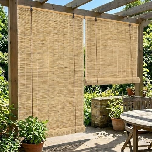 Persianas Enrollables de Caña Natural, Estores de Bambú para Jardín y Balcón, Privacidad y Ventilación Natural, Estilo Mediterráneo para Decoración Interior(Hilo Blanco,50W x 80H cm)