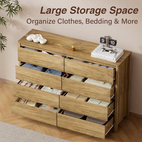 Image of Furniway 3 Piece Bedroom Set, 8 Drawer Dresser and Nightstands, Natural Oak