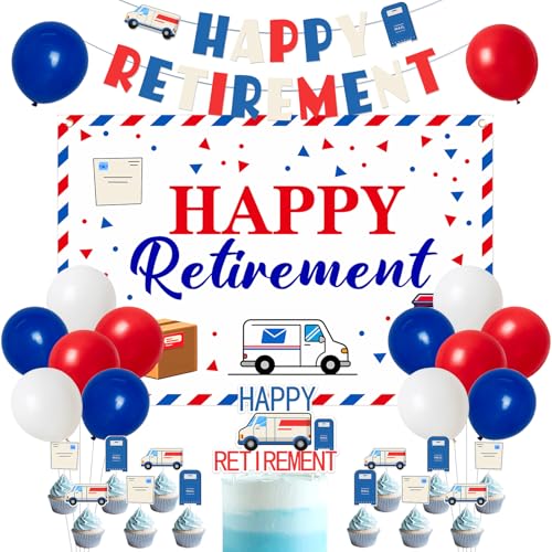 Festiblast - Mailman Retirement Party Decorations Red Blue Mail Happy Retirement Banner Backdrop Mail Truck Mailbox Cake and Cupcake Toppers with Balloons Kit for Postal Worker Retired Party Supplies