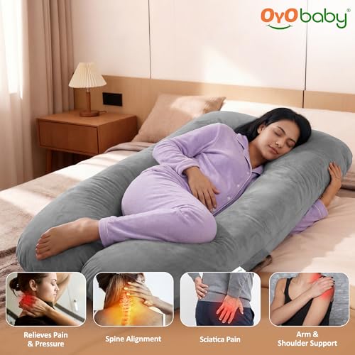 Image of OYO BABY Pregnancy Pillows for Sleeping U-Shape Full Body Pillow | Head-to-Toe Maternity Support for Back, Hips, Legs & Belly | Removable Washable Velvet Cover (Light Grey)