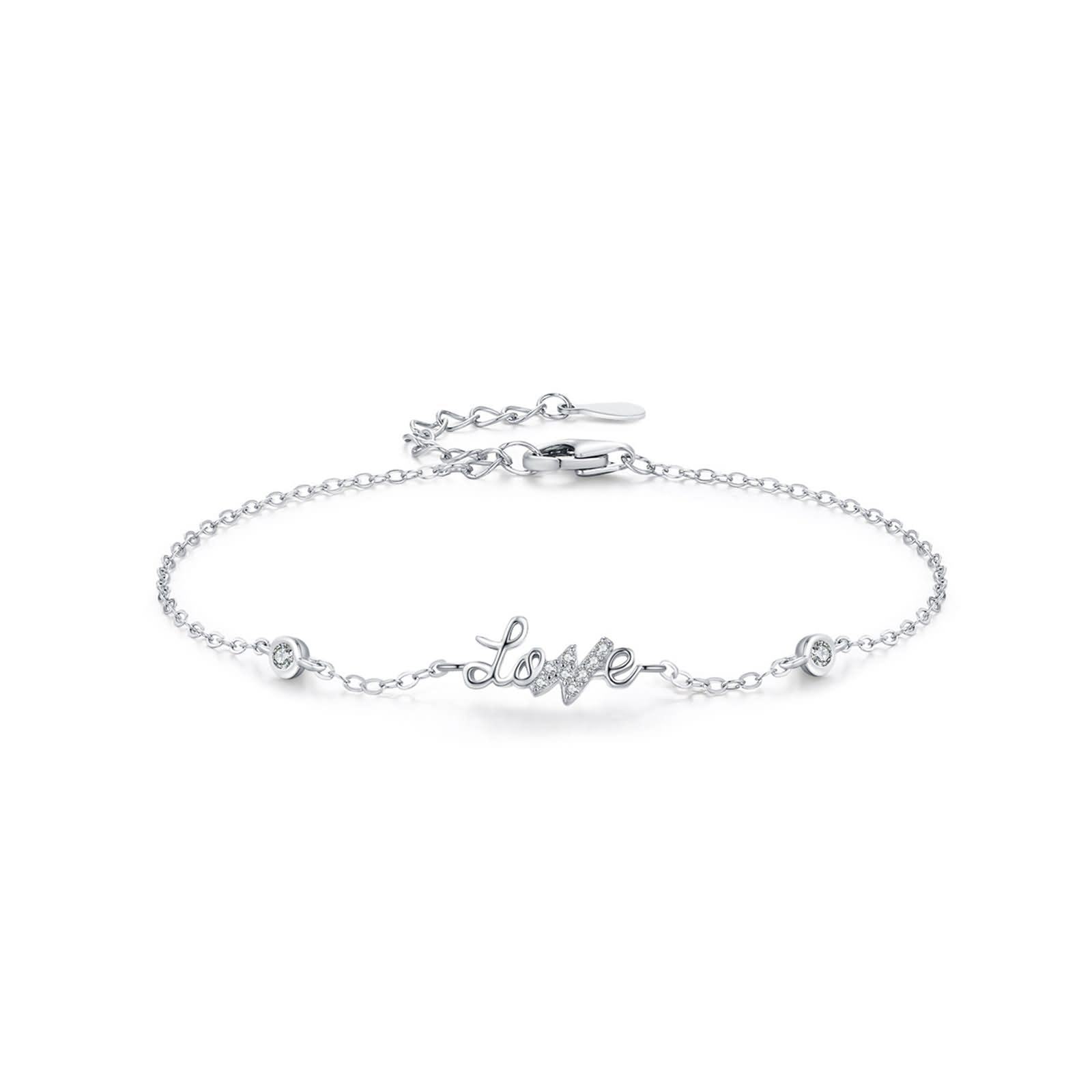 Pulseras de Oro Blanco 9 Kilates / 14 Kilates / 18 Kilates Mujer, Letra love con Diamante Creado, Cadena Extensible 16 CM + 5 CM, Pulseras para Mujer Plata