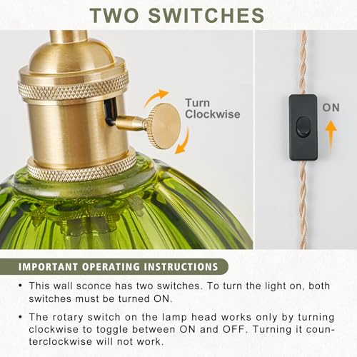 Image of Plug in Wall Sconces Set of 2, Vintage Wall Sconce Light with Tulip Green Glass Lampshade, Bedroom Wall Sconce with Switch and Plug in wall lamp Cord, Gold Wall Light Wall Decor Set of 2