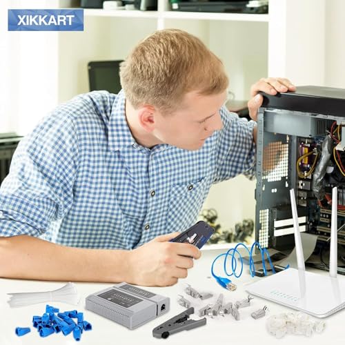 Image of XIKKART RJ45 Crimping Tool Kit, Passthrough Cat7 Cat6A Cat6 Cat5E Cat5 RJ45 Ethernet Crimp Tool with 10PCS Cat7 Pass Through Connectors 10PCS Cat6 Pass Through Connectors 10PCS Covers 1 Network Tester