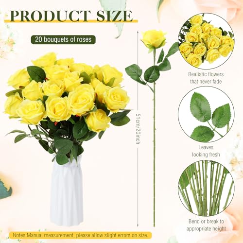 Hotop 20 Pcs Rose Artificial Flowers with Long Stem Realistic Silk Roses Bulk Real Touch Plastic Bouquet of Roses for Home Bridal Wedding Party Table Centerpieces Decorations (Yellow)